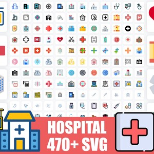 Könnte beinhalten: Eine Sammlung farbenfroher Icons und Illustrationen zum Thema Krankenhaus. Das Bild enthält verschiedene medizinische Symbole, Gebäudedesigns und den Text "HOSPITAL 470+ SVG". Die Icons sind in einer Vielzahl von Stilen gehalten, darunter Strichzeichnungen und gefüllte Designs.