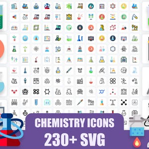 May include: A collection of 230+ SVG chemistry icons, featuring various laboratory equipment and chemical symbols. The icons are in a variety of colors and styles, including beakers, test tubes, and molecular structures. The image includes the text "CHEMISTRY ICONS 230+ SVG".