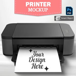 Printer Mockup PSD Realistic Black Office Printing Machine Paper Output Branding Display Template