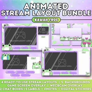 Può includere: Pacchetto di layout di streaming animato con tema Kawaii Frog. Il design presenta una combinazione di colori viola e verde con illustrazioni di rane. Include overlay per schermo di gioco, overlay webcam, chat box, etichette, emote e adesivi digitali.