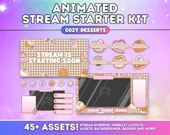 ANIMATED Stream Starter Kit | Stream Layout Package Twitch Alerts Starting Soon Channel Point OBS Overlay Vtuber Background | Cozy Desserts