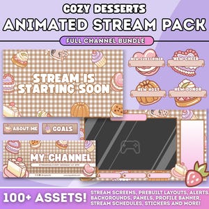 Peut inclure: Un ensemble d'art numérique sur le thème "Cozy Desserts" pour les streamers. Le pack comprend des écrans animés, des alertes, des arrière-plans et des panneaux. Le design utilise des couleurs pastel et des illustrations de desserts, avec le texte "Stream is starting soon."