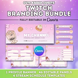 Könnte beinhalten: Ein Twitch-Branding-Bundle mit einem niedlichen Kawaii-Süßigkeiten-Thema. Das Design umfasst ein Profilbanner, editierbare Panels und Stream-Zeitplanvorlagen. Die Farbpalette ist zartrosa und lila, mit Illustrationen von Desserts und Sternen. Der Text enthält "My Channel" und "Fully Editable in Canva".