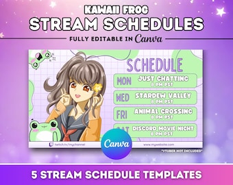 Twitch Stream Schedule Template Bundle | Vtuber Schedule Streaming Assets Stream Package Twitch Graphics Canva Template Purple | Kawaii Frog