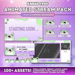 Può includere: Un pacchetto di arte digitale a tema Kawaii Frog per streamer. Include schermate animate, avvisi e pannelli. Il design è principalmente viola e verde, con illustrazioni di rane e testo come "Starting Soon" e "New Follower".