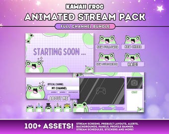 ANIMATED Stream Layout Stream Package Twitch Banner Alert Starting Soon Stream Schedule Chat Box OBS Overlay Vtuber Background | Kawaii Frog