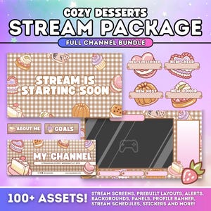 Peut inclure: Un ensemble de flux numérique sur le thème des desserts douillets. Le design comprend des écrans, des panneaux et des alertes avec des illustrations de gâteaux, de cupcakes et de biscuits. Le texte "STREAM PACKAGE" et "FULL CHANNEL BUNDLE" sont affichés. Plus de 100 éléments.
