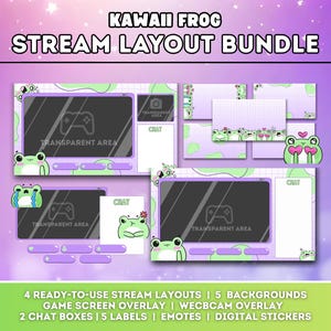 Może przedstawiać: Cyfrowy pakiet układu strumienia z motywem kawaii żaby. Projekt zawiera fioletowe i zielone elementy, ilustracje żab oraz tekst "KAWAII FROG STREAM LAYOUT BUNDLE". Pakiet zawiera nakładki, tła, okna czatu, etykiety, emotikony i naklejki cyfrowe.