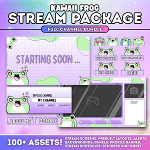 Può includere: Un pacchetto di streaming digitale a tema rana kawaii. Il pacchetto include schermate di streaming, avvisi, pannelli e altro. Il design presenta una combinazione di colori viola e verde con il testo "KAWAII FROG STREAM PACKAGE" e "STARTING SOON".