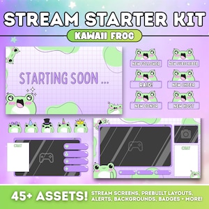 Może przedstawiać: Cyfrowy zestaw startowy do streamowania z motywem kawaii frog. Zestaw zawiera ekrany strumieni, alerty i odznaki. Projekt ma fioletowo-zieloną kolorystykę z tekstem "Starting Soon". Zawiera ponad 45 zasobów.