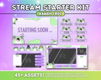 Stream Starter Kit | Stream Layout Pack Starting Soon Twitch Alert Channel Point OBS Overlay Webcam Chat Box Vtuber Background | Kawaii Frog