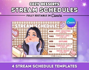 Paquete de plantillas para programar transmisiones de Twitch / Recursos para programar transmisiones de Vtuber / Plantilla de Canva con gráficos de Twitch / Postres acogedores