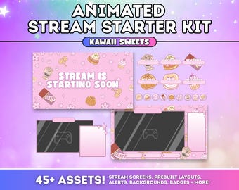 ANIMATED Stream Starter Kit |  Stream Layout Package Alerts Starting Soon Channel Point OBS Overlay Vtuber Background | Cute Kawaii Sweets