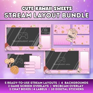Peut inclure: Un ensemble de mise en page de flux numérique rose et violet avec le texte "CUTE KAWAII SWEETS STREAM LAYOUT BUNDLE". L'ensemble comprend 5 mises en page de flux, 4 arrière-plans, 2 superpositions d'écran de jeu, une superposition de webcam, 2 boîtes de chat, 4 étiquettes et 10 autocollants numériques.
