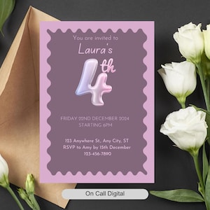 Editable 4th Birthday Invitation: Pastel Balloons, Girls Party (Digital Download)