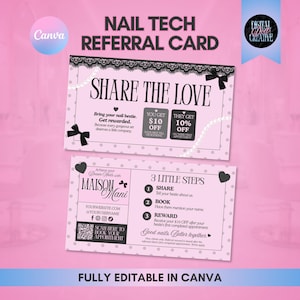 Peut inclure: Une carte de parrainage pour prothésiste ongulaire à pois roses et blancs avec du texte noir, des bordures en dentelle et des nœuds. La carte inclut des sections pour partager, réserver et récompenser, avec un QR code et le texte Maison Mani.