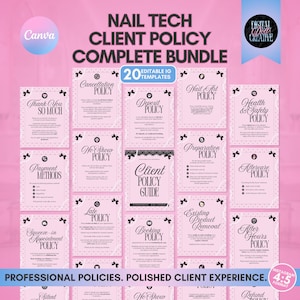 May include: A digital bundle of 20 editable Instagram templates for nail technicians, featuring a pink polka dot background with black text. The templates include policies for cancellations, deposits, nail art, health, safety, and client booking.