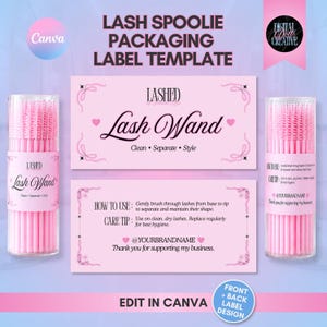 Lash Spoolie-förpackningsetikett | Redigerbar Canva Lash Tech-etikett | Pink Coquette Beauty-varumärke | 5x2,5 cm fram- och baksida