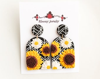 Handmade Sunflower Daisy Polymer Clay Earrings: Floral Garden Jewelry