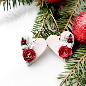 Floral Heart Dangles In Christmas / Polymer Clay Earrings, Clay Earrings, Flower Clay Earrings, Gift Ideas, Christmas Earrings, Xmas Gifts