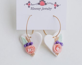 Floral Heart Dangle Earrings: Handmade Polymer Clay Earrings