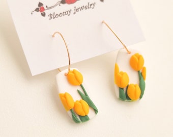 Yellow Tulip Hoops / Gold Tulip Hoop Earring, Gift For Her
