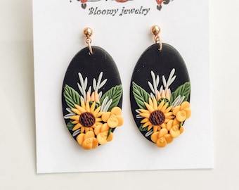 Sunflower Polymer Clay Earrings: Black Floral Dangle Earrings