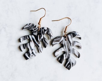 Monstera Marble Leaf Earrings in Black And White/ Polymer Clay Dangle Earrings, Statement Earrings, Monstera Plant Earrings