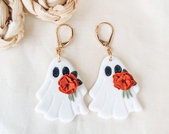 Ghost Earrings: Handmade Polymer Clay Halloween Jewelry with Flowers