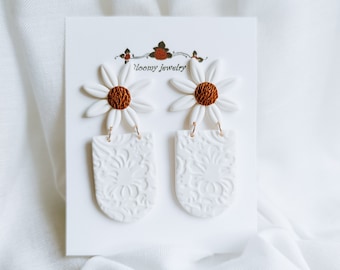 Textured Daisy Dangle Earrings: Polymer Clay Boho Statement Earrings