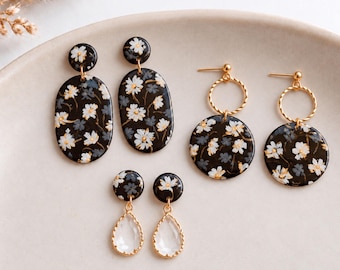 Black Floral Polymer Clay Earrings, White Gray Flower Dangles with Gold-Tone Details