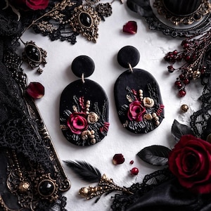 Black polymer clay earrings with red rose floral design, handmade dangle earrings, gothic jewelry, lightweight statement earrings for women
