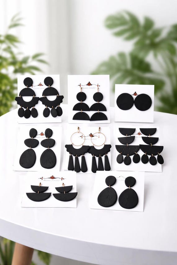 Black Statement Earrings, Modern Polymer Clay Earrings, Geometric Dangle Earrings, Minimalist Bold Jewelry, Lightweight Gift for Her