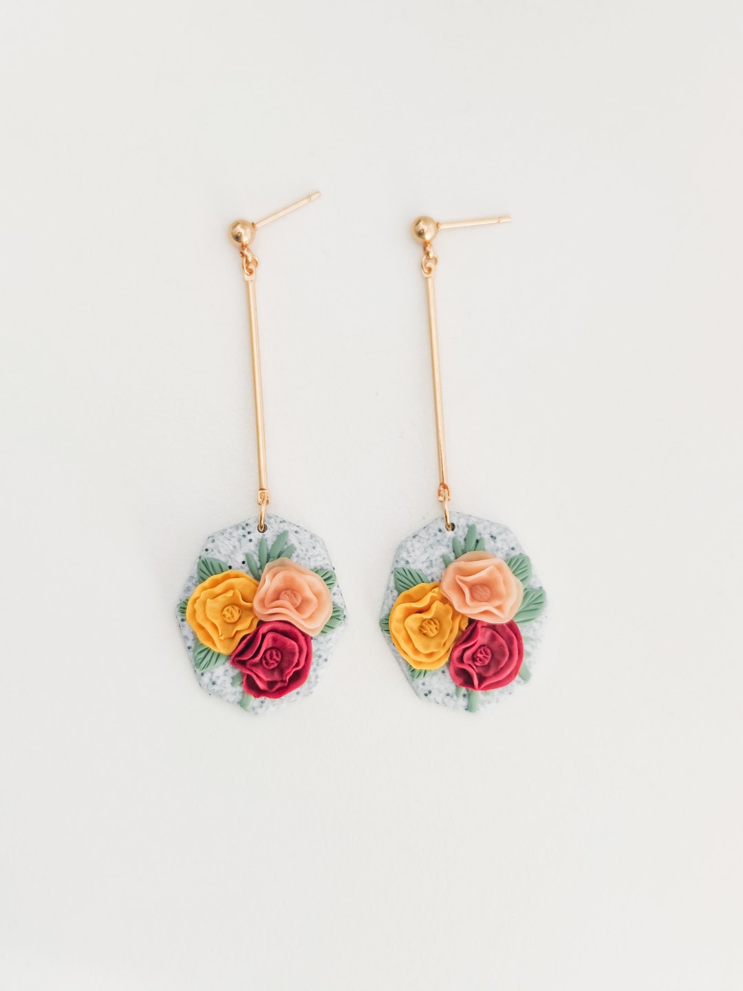 Three Color Flower Earrings / Flower Earrings Dangle, Gold Bar Earrings