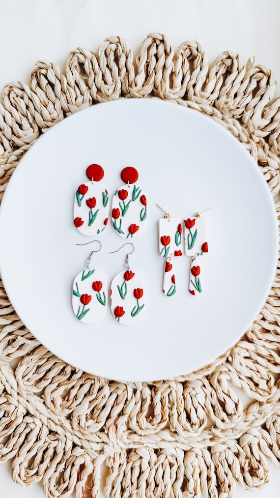 Handmade Tulip Polymer Clay Earrings: Floral Spring Jewelry