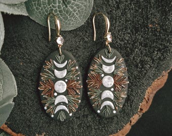 Handmade Moon Phase Polymer Clay Earrings: Celestial Botanical Jewelry