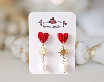 Valentine’s Day Heart Earrings, Red Dangle, Sun Charm, Pearl Drop, Romantic Gift for Her