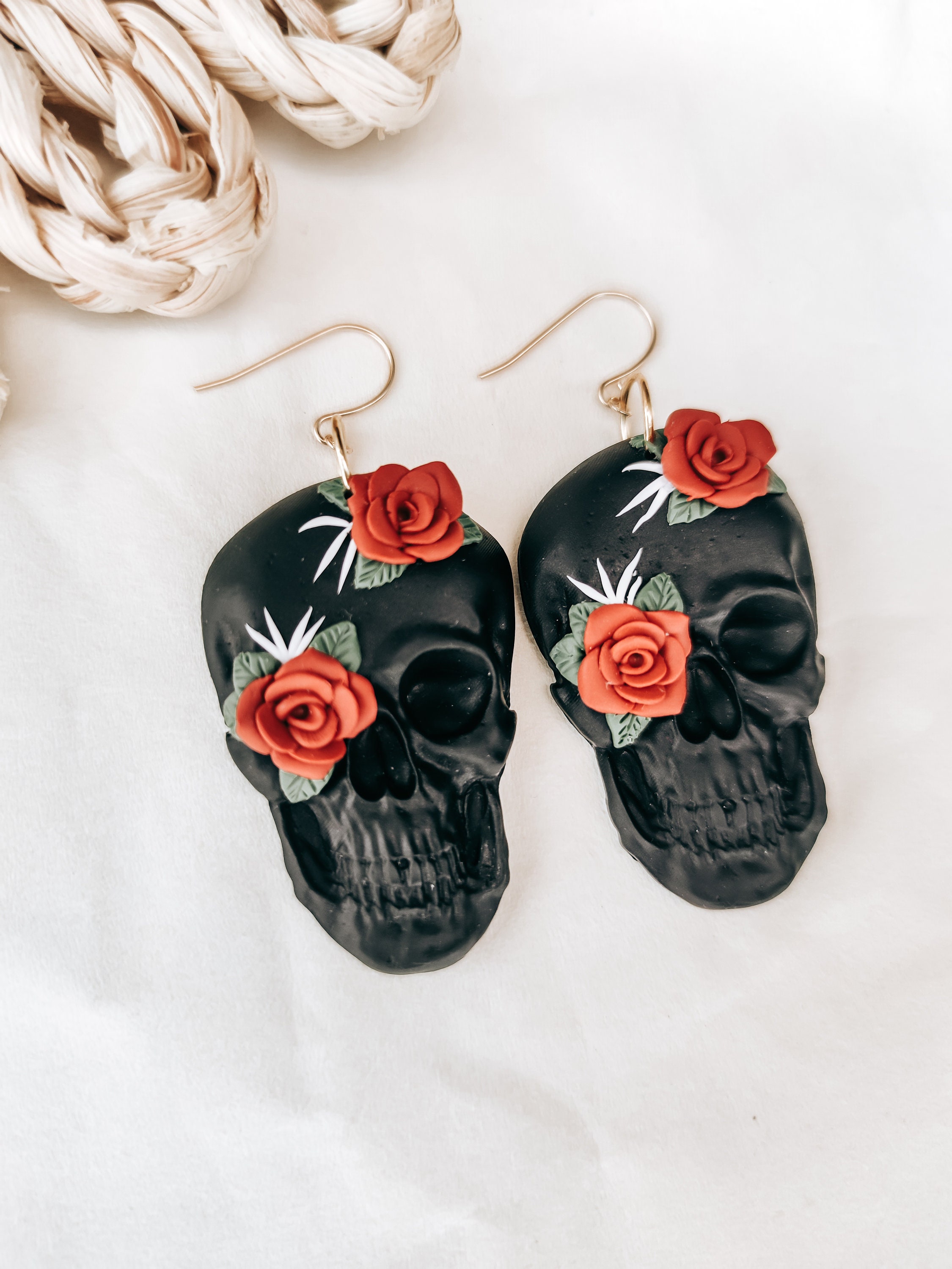 Handmade Polymer Clay Skull Earrings: Gothic Floral Halloween