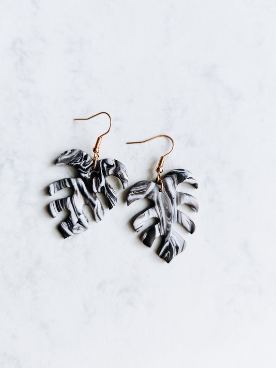 Monstera Leaf Dangle Earrings: Black & White Polymer Clay