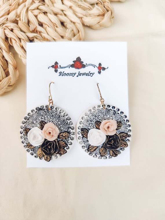 Handmade Round Polymer Clay Earrings: Gothic Floral Design