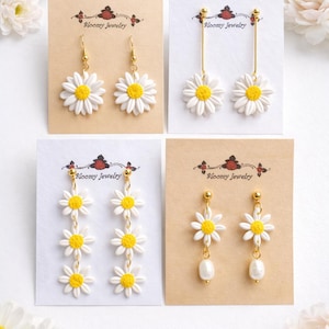 Orecchini pendenti con margherite bianche, pendenti floreali dorati, gioielli primavera estate, orecchini leggeri e vistosi