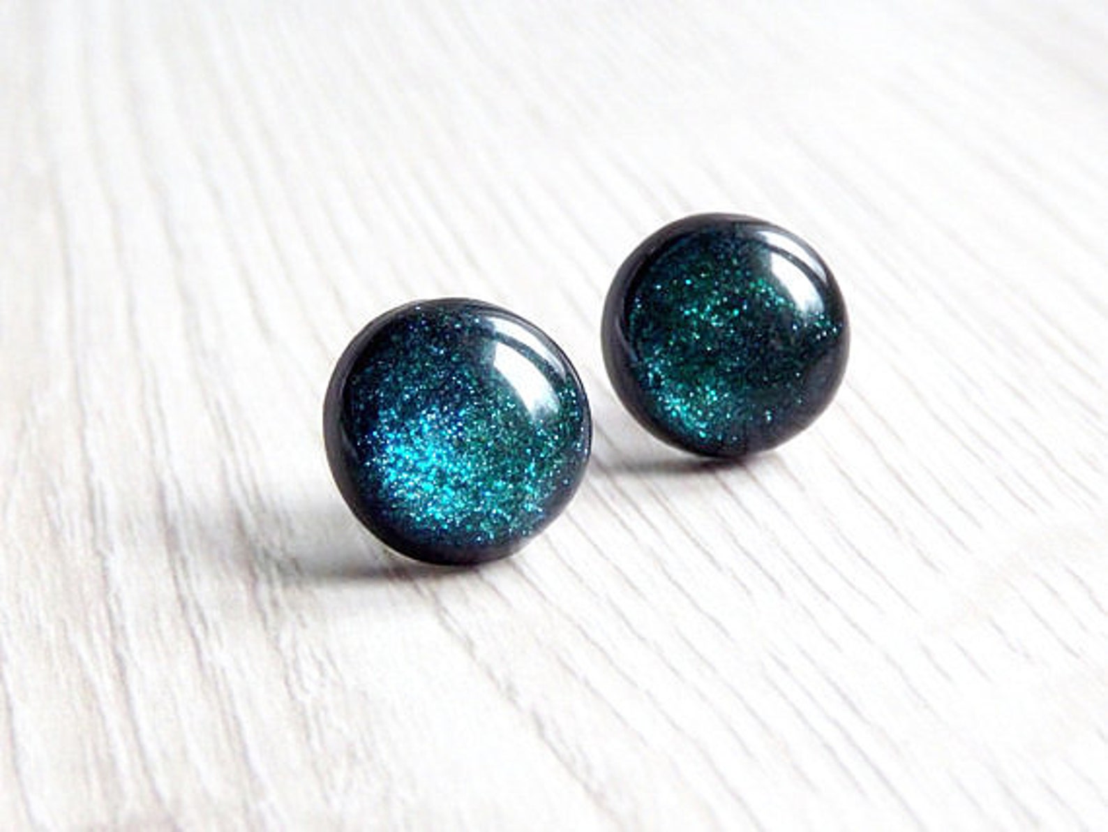 Green Glitter Stud Earrings Dark Green Earrings Sparkle Etsy