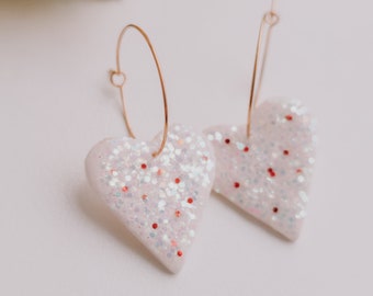 Romantic Heart Hoops / Polymer Clay Earrings, Clay Erarings, Heart Earrings, Dangle Heart Earrings, Handmade Gift Ideas, Valentine Earrings