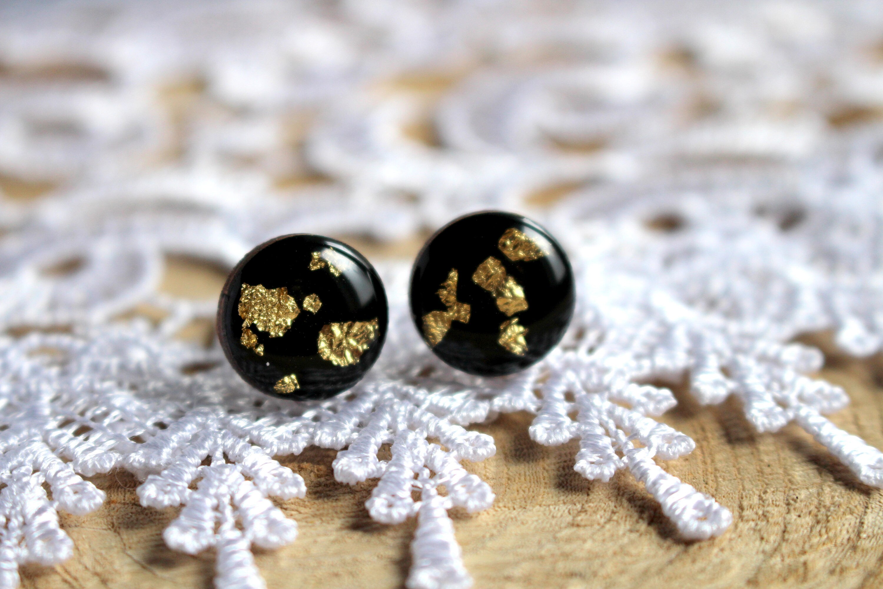 Black Gold Stud Earrings Black Circle Post Earrings With Gold | Etsy