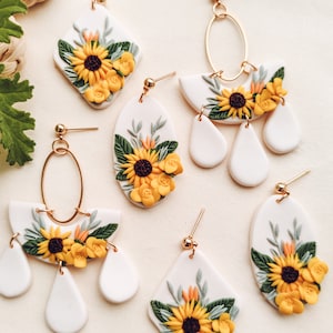 Boucles d'oreilles tournesol en pâte polymère, pendentif floral fait main, bijoux tendance bohème, cadeau botanique pour elle, fleur d'été