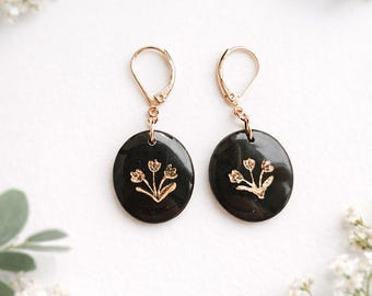 Black Floral Dangle Earrings, Gold Botanical Polymer Clay Jewelry, Minimalist Nature Drop Earrings