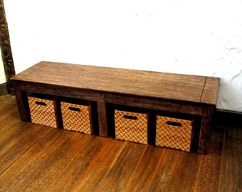 Farmhouse Bench with Baskets, Dollhouse Miniature 1/12 Scale Size, Hand Made