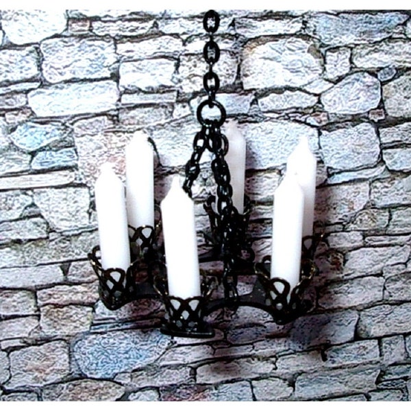 Medieval Black Wrought Iron Chandelier, Dollhouse Miniature 1/12 Scale Size, Hand Made