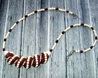 Bead Woven Cellini Spiral Necklace, Brown & Ivory, Hand Made in the USA