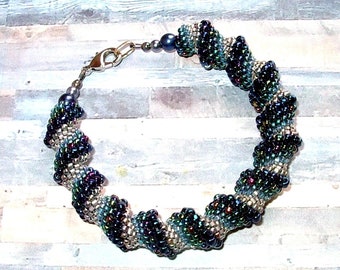 Teal Blue Cellini Spiral Beadwoven Bracelet, Hand Made